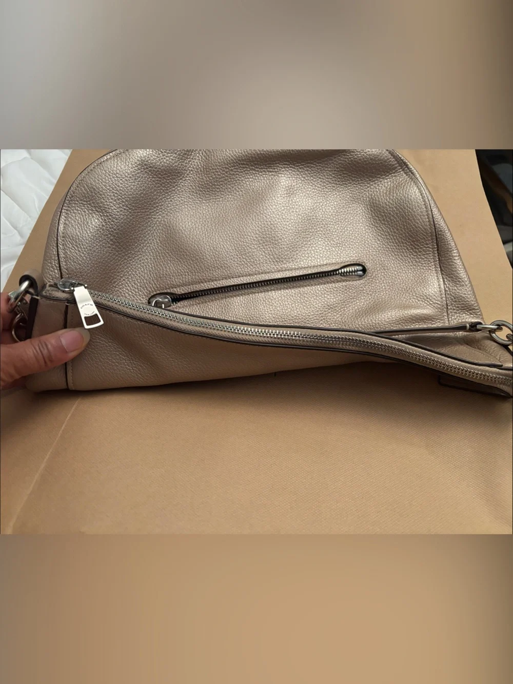 Coach Metallic Taupe Pebbled Leather Shoulder Bag